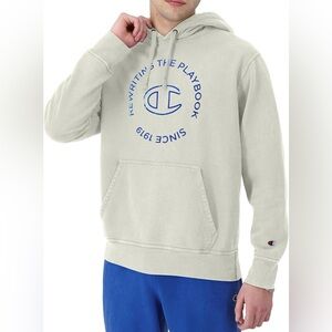 Champion Men's Off-White Hoodie with Blue Emblem